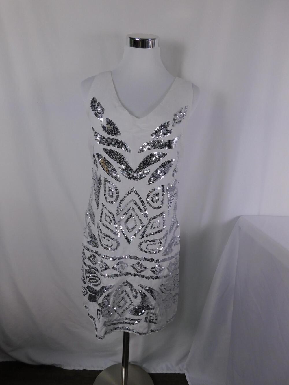 Boston Proper Dress Womens 6 White Sequin Geometric V-Neck Shift Party Cocktail